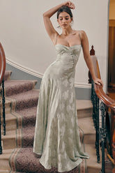 Elegant Floral Print Quilted Lace Up Back Formal Party Flowy Maxi Dresses-Green